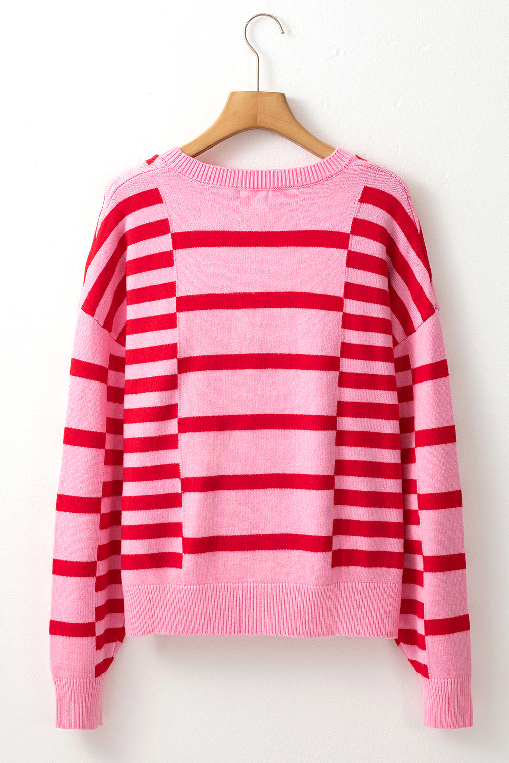 Pink Stripe Bubble Sleeve Drop Shoulder Ribbed Trim Sweater eAura