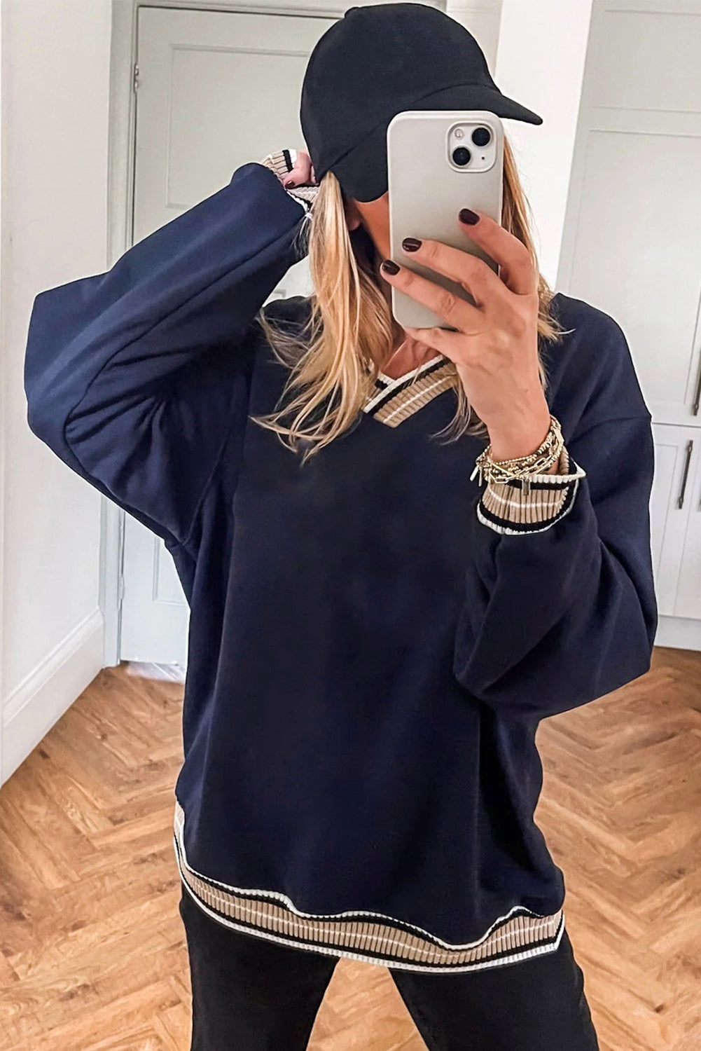 Varsity Contrast Trim V-Neck Sweatshirt - Tops/Sweatshirts & Hoodies