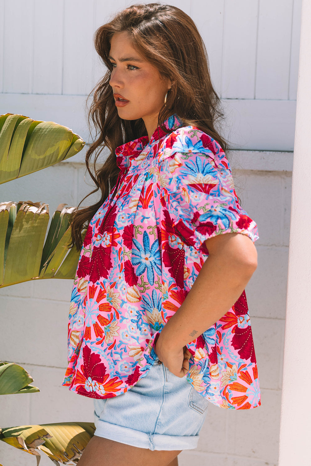 Floral Print Bubble Sleeve Button-Up Pleated Shirt – Pink
