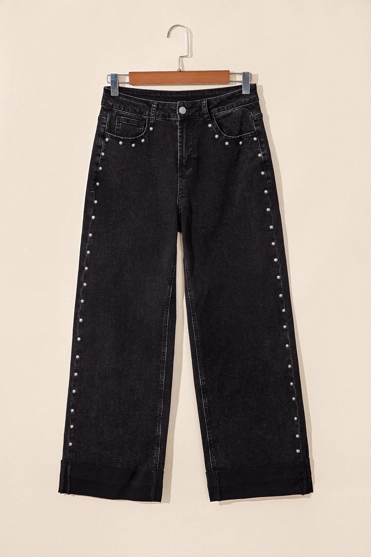 Studded Detail Straight Leg Casual Loose Jeans – Black