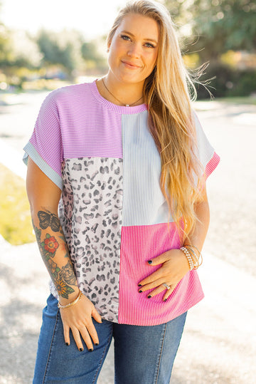 Rose Red Leopard Colourblock Patchwork Ribbed Knit Plus Size T Shirt - 1X / 75% Polyester + 20% Viscose + 5% Elastane