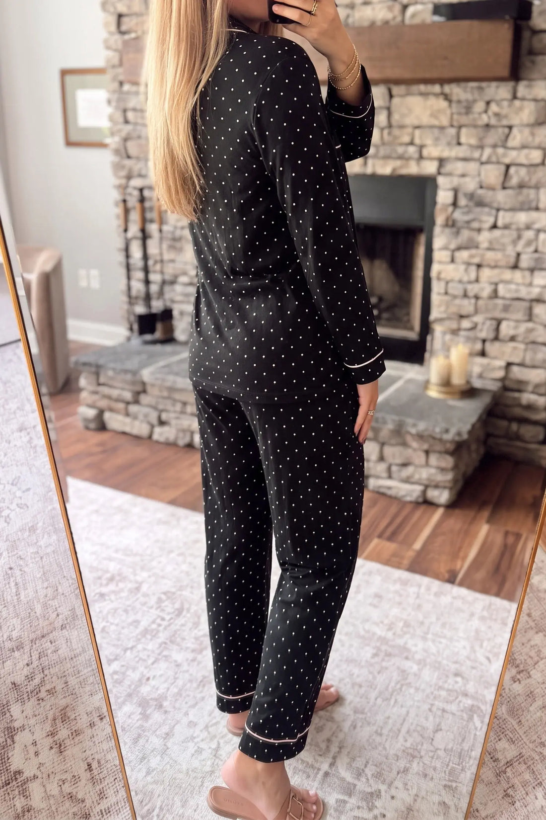 Polka Dot Long Sleeve Shirt Lace Detail Two Piece Pajama Pant Set