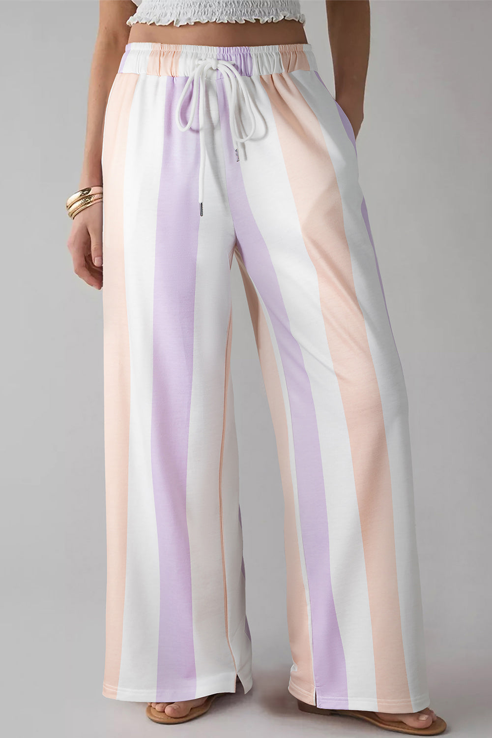 Stripe Multicoloured Print Drawstring Loose Pants with Side Pockets - eAura