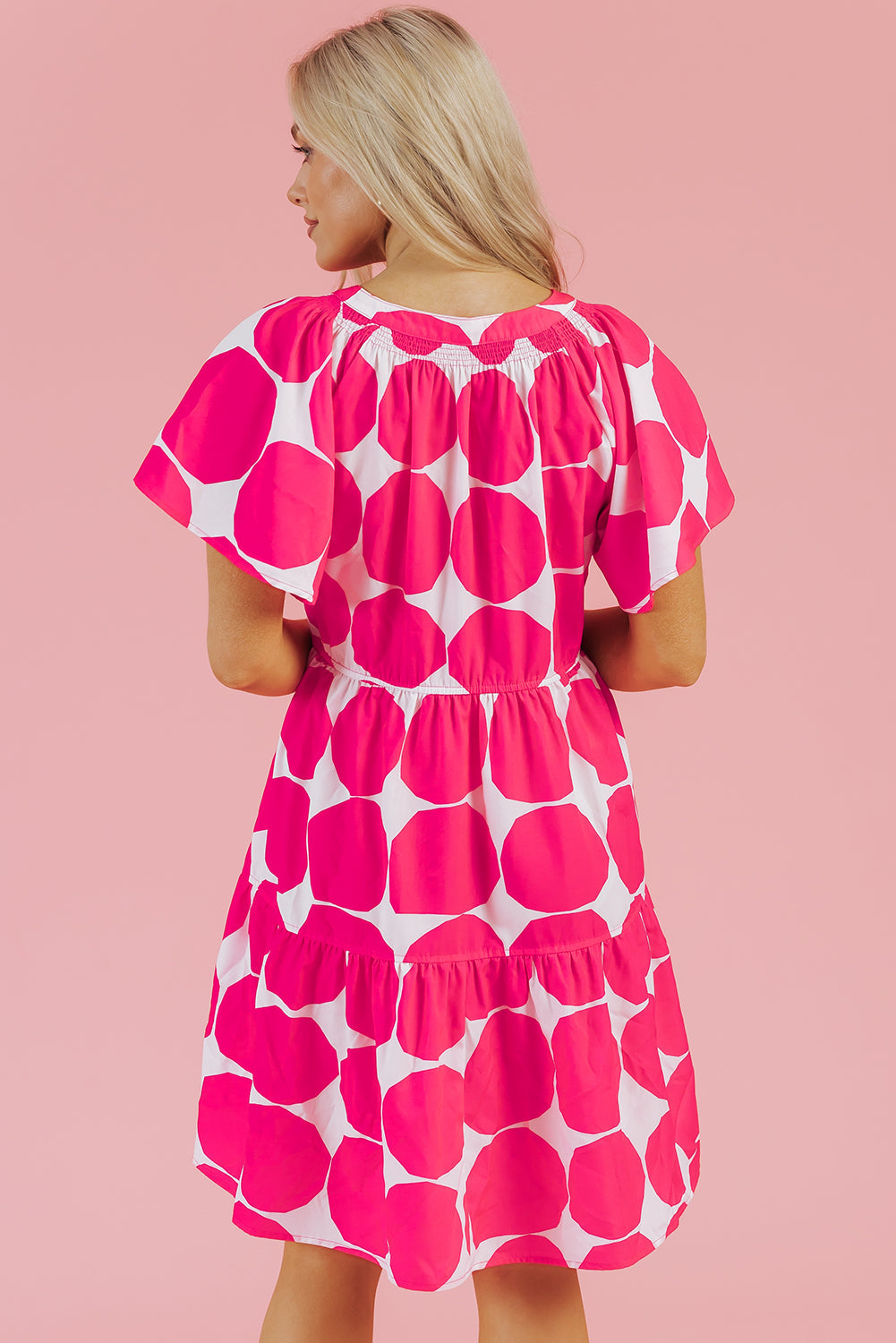 Rose Polka Dot Flutter Sleeve Notched Neck Tiered Flowy Dress - eAura