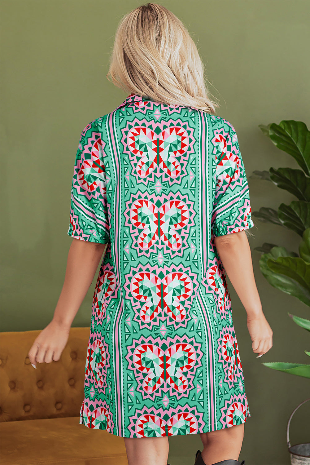 Mint Green Geometric Butterfly Print Split Neck Short Sleeve Dress eAura