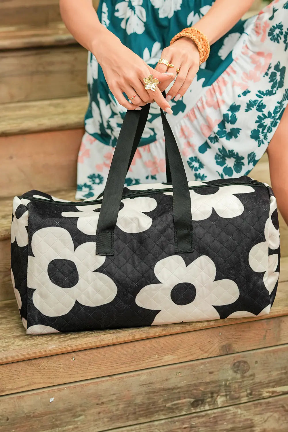 Flower Print Quilted Large Duffel Bag