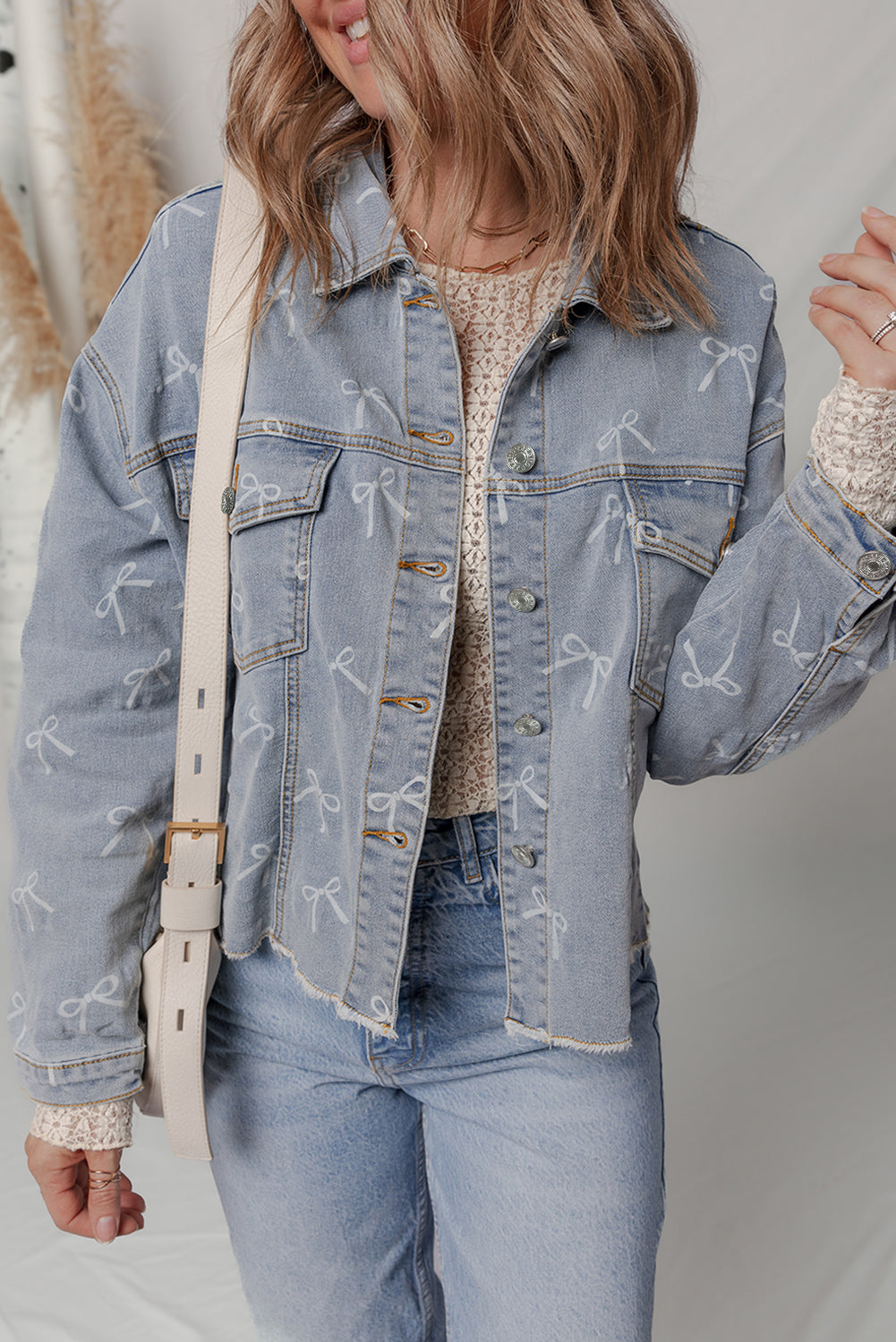 Sky Blue Bow Knot Print Light Wash Raw Hem Denim Jacket Dear-Lover Dropshipping