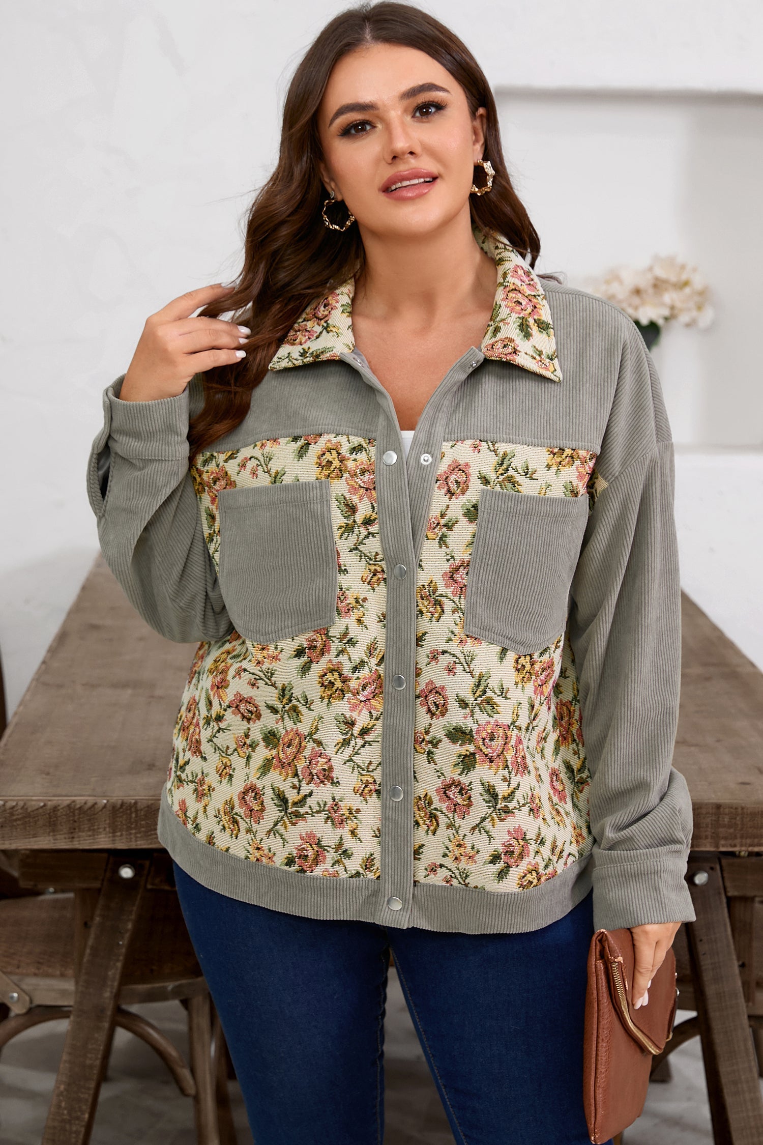 Soft Corduroy Floral Patchwork Jacket - eAura