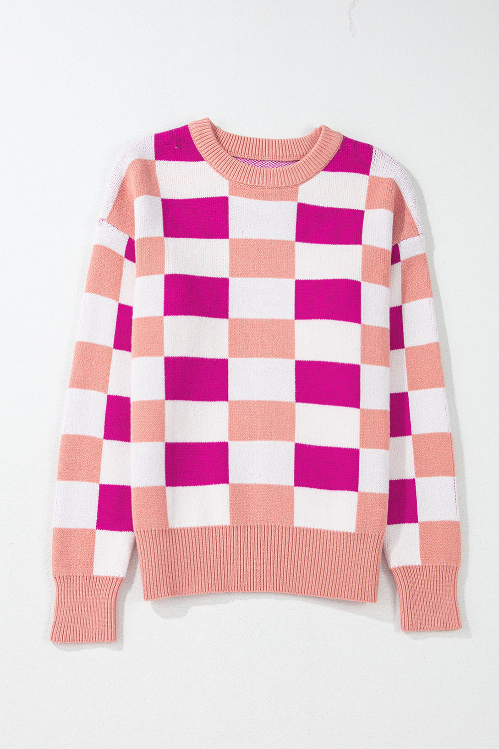 Khaki Checkered Ribbed Edge O Neck Drop Shoulder Sweater eAura