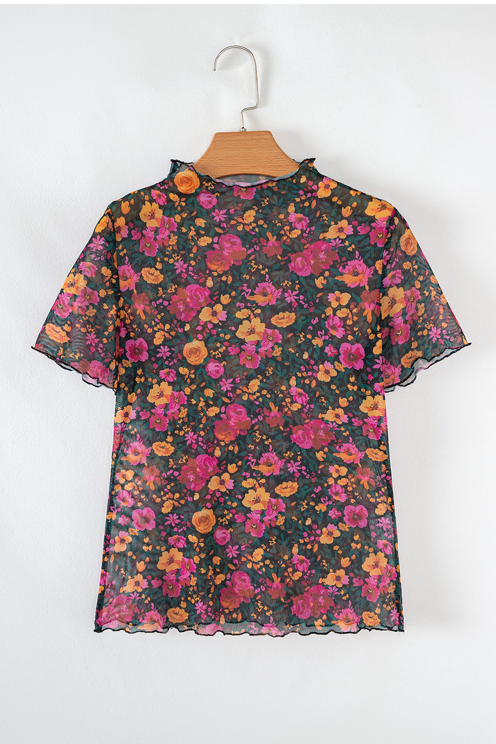 Rose Floral Print Mesh Stand Neck Short Sleeve Top eAura