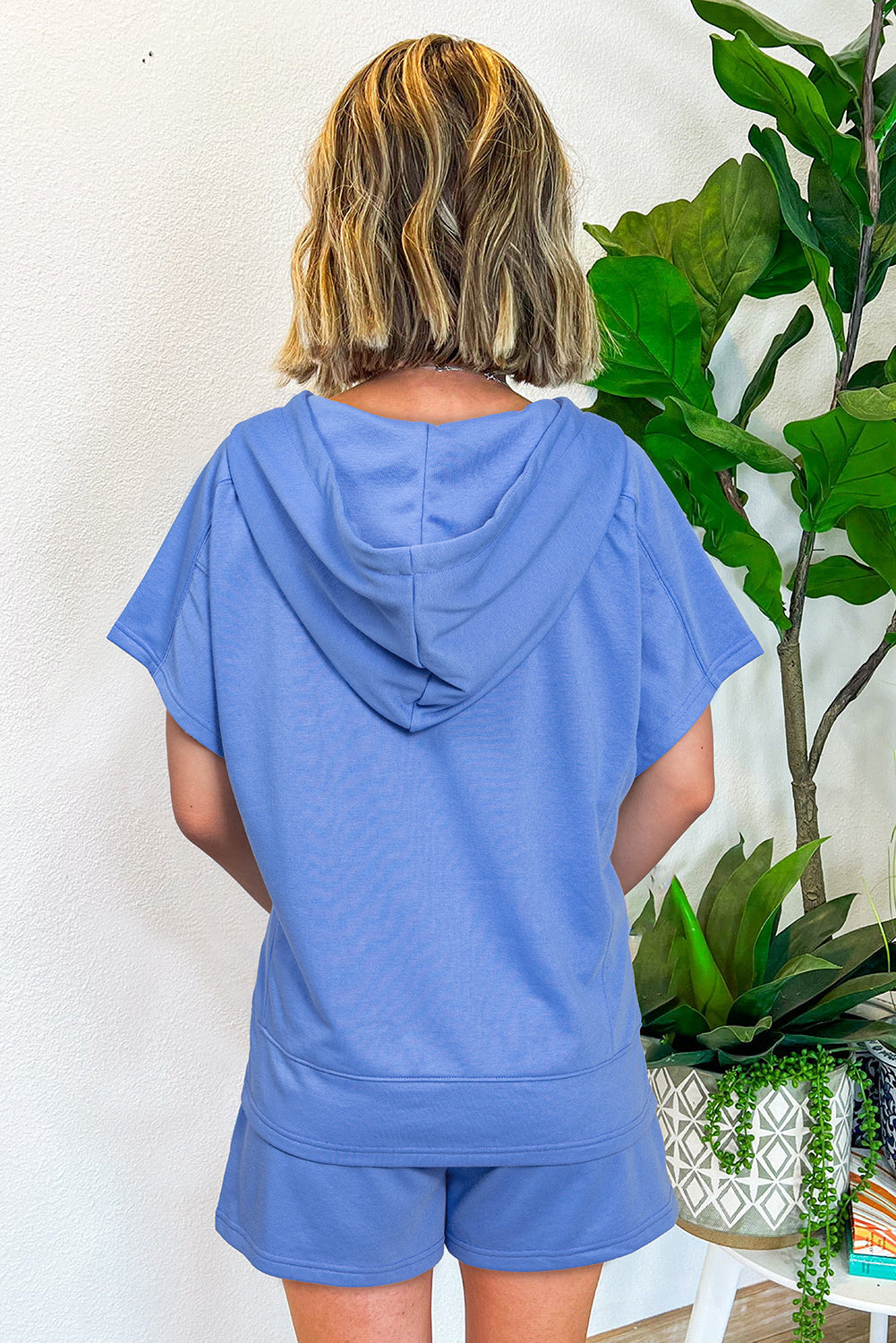 Sky Blue Casual Zipped Short Sleeve Hoodie and Shorts Set eAura