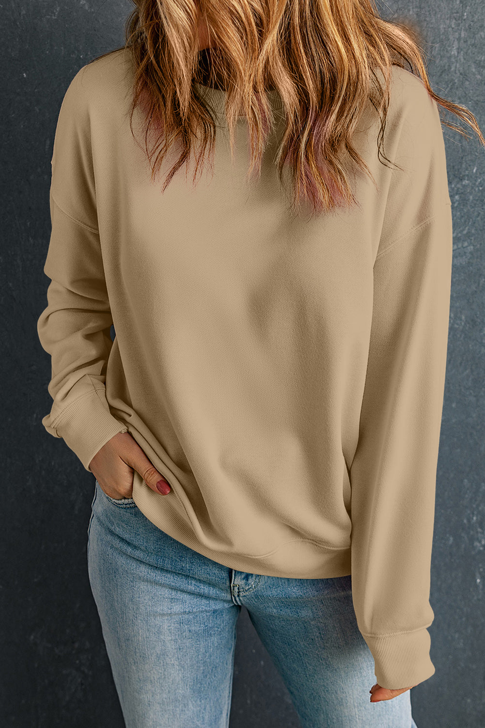 Khaki Solid Classic Crewneck Pullover Sweatshirt eAura