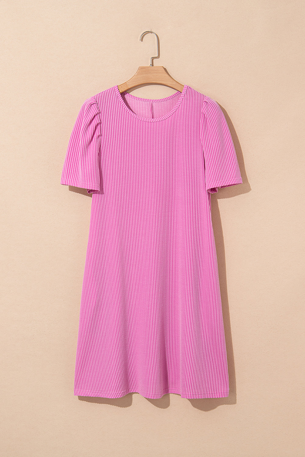 Bright Pink Ribbed Knit Crew Neck Puff Sleeve Shift Mini Dress eAura