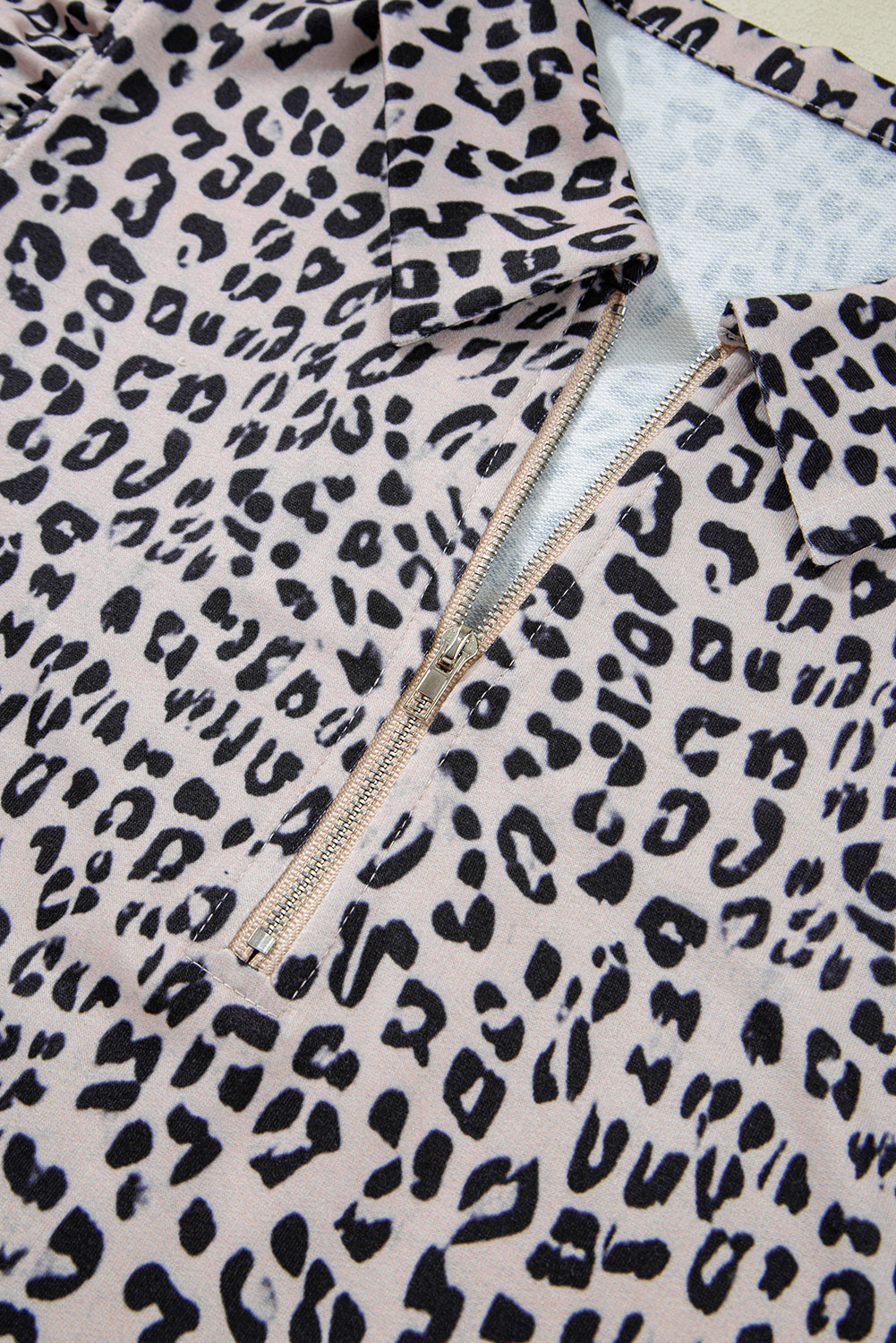 Brown Leopard Half Zipper Collared Ruffled Sleeve Top and Short Set eAura