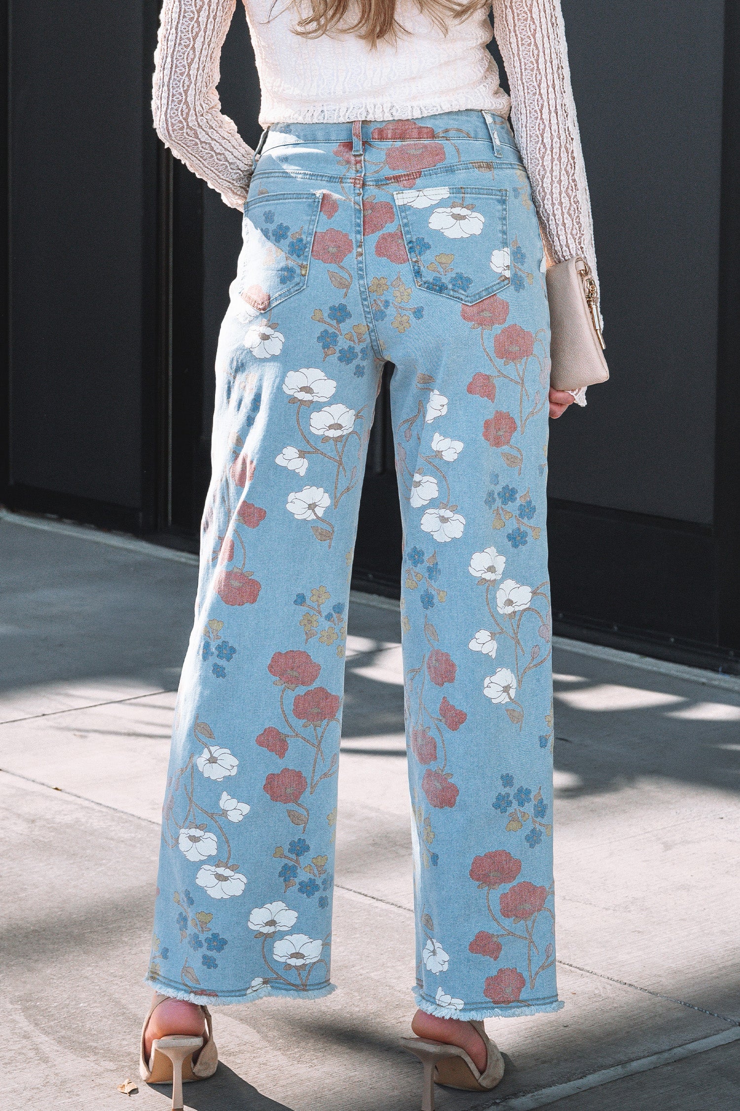 Blue Floral Printed Raw Hem Jeans
