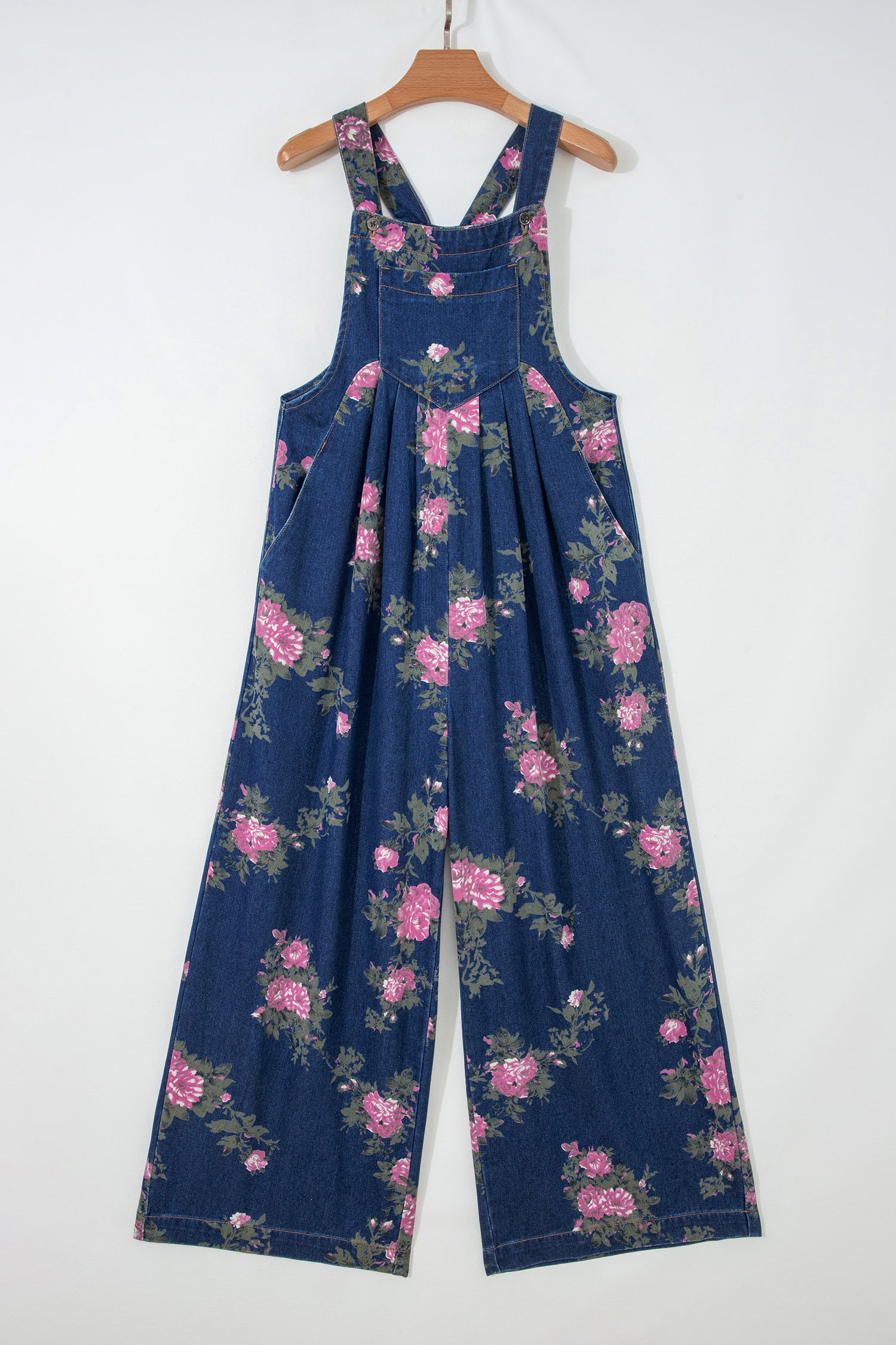 Floral Print Pleated Wide Leg Denim Jumpsuit – High Waist