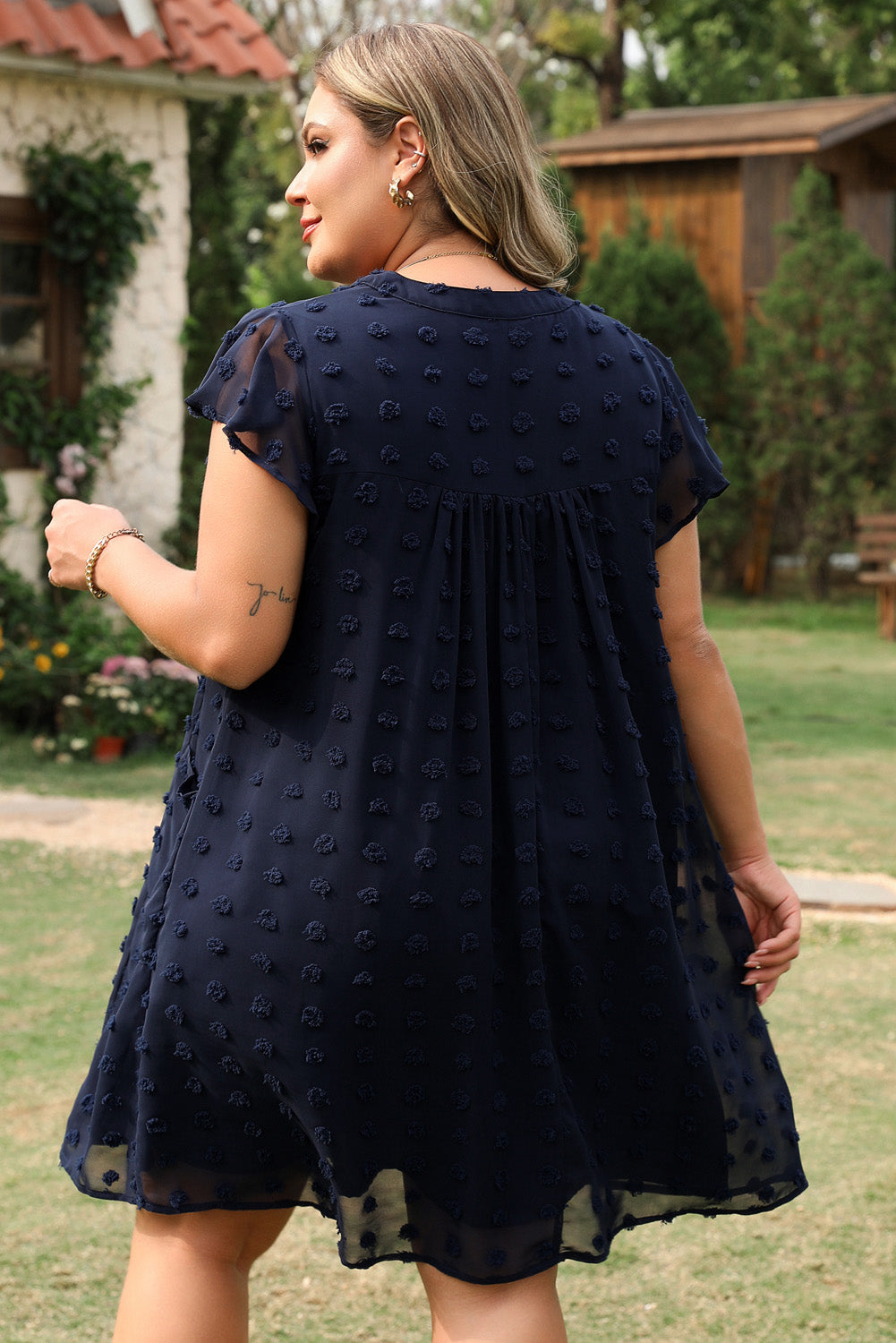 Navy Blue Dotty Textured Notched Neck Plus Ruffled Dress BB Fashion Outlet
