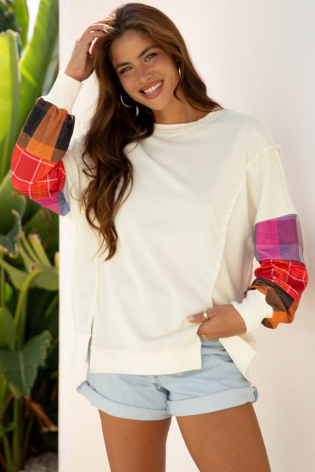 Beige Contrast Plaid Long Sleeve Exposed Seam Patchwork Top - eAura