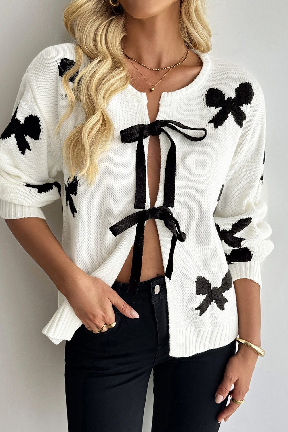 White Lace-up Bow Pattern Sweater Cardigan - eAura