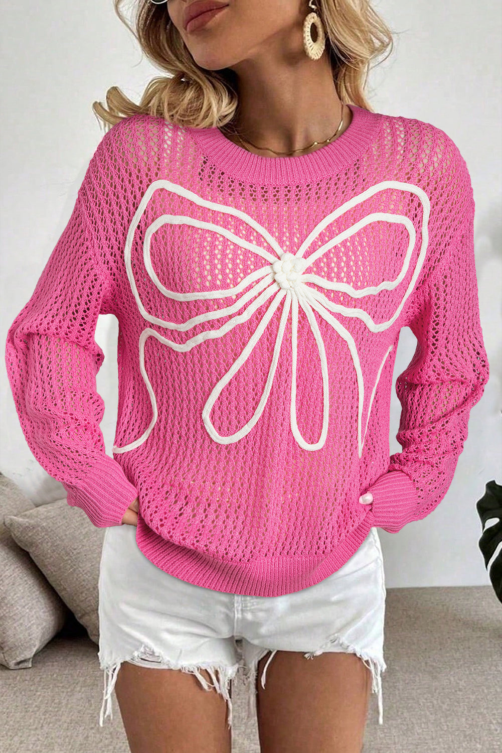 Sachet Pink Sweet Bow Decor Hollow Out Knitted Drop Shoulder Sweater Dear-Lover Dropshipping