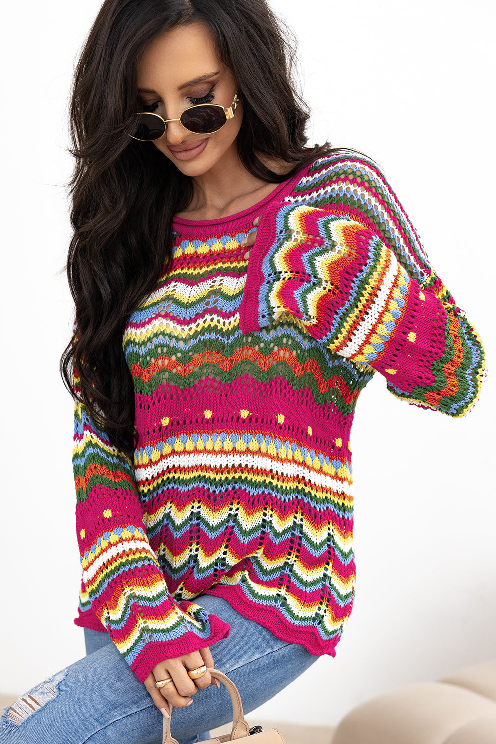 Rose Red Colourblock Striped Hollowed Knit Loose Sleeve Sweater eAura
