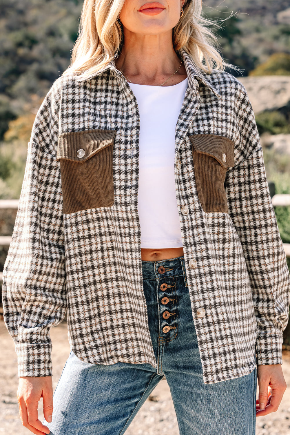 Casual Contrast Soft Corduroy Patchwork Plaid Shacket - eAura