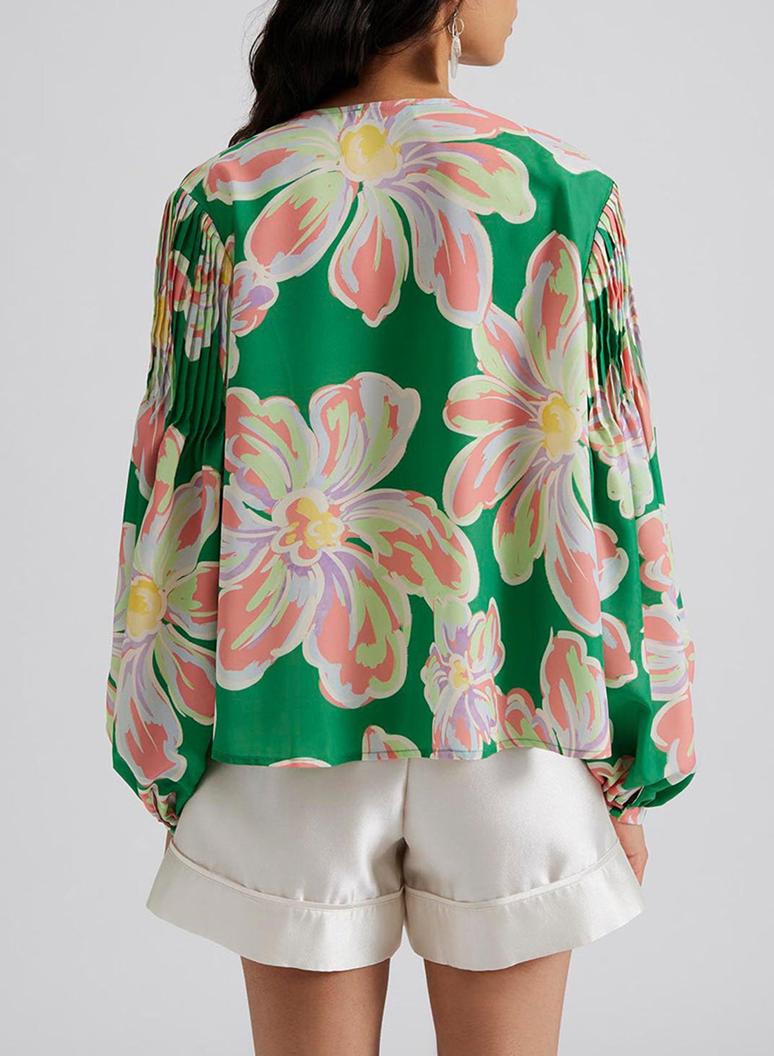 Green Floral Print Button up Pleated Puff Sleeve Loose Shirt eAura