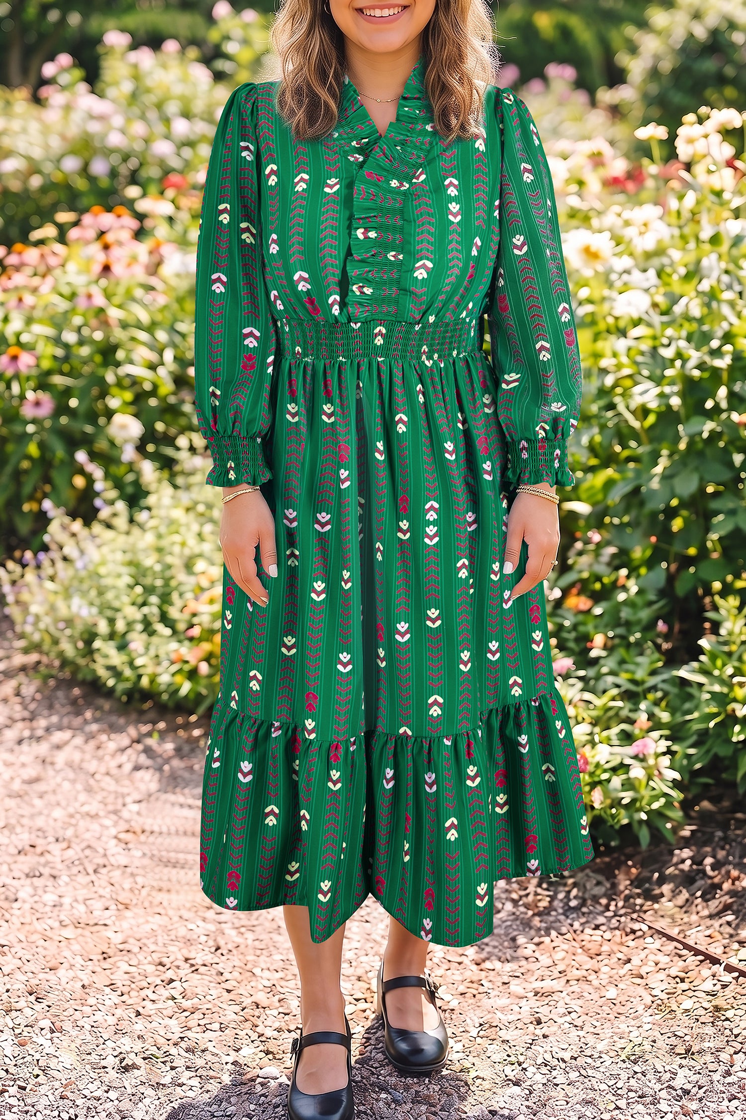 Floral Print V Neck Long Sleeve Shift Plus Size Dress – Green