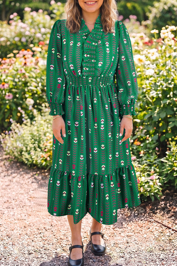 Floral Print V Neck Long Sleeve Shift Plus Size Dress – Green