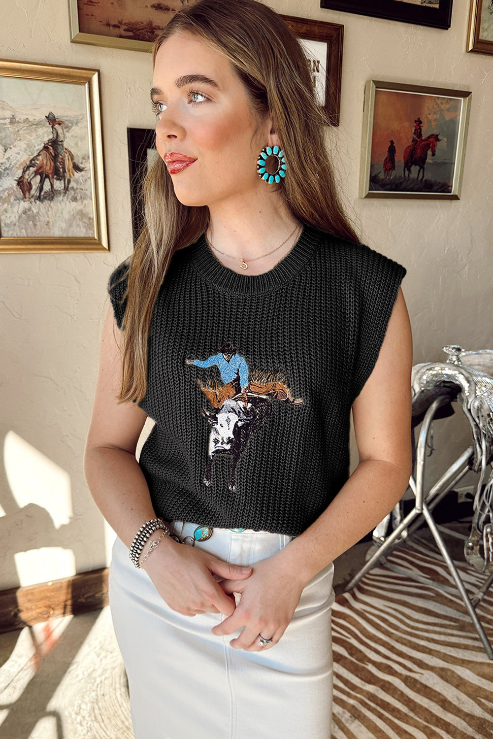 Western Cowboy Embroidery Round Neck Sleeveless Sweater
