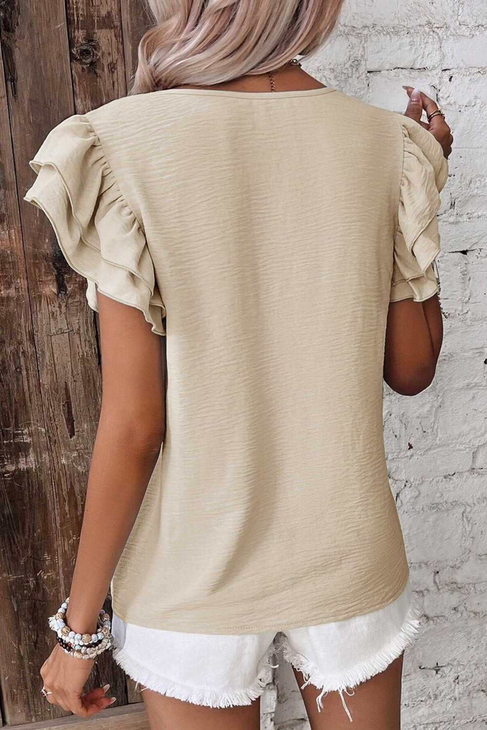 Beige Solid Colour Ruffled Short Sleeve Casual Blouse eAura