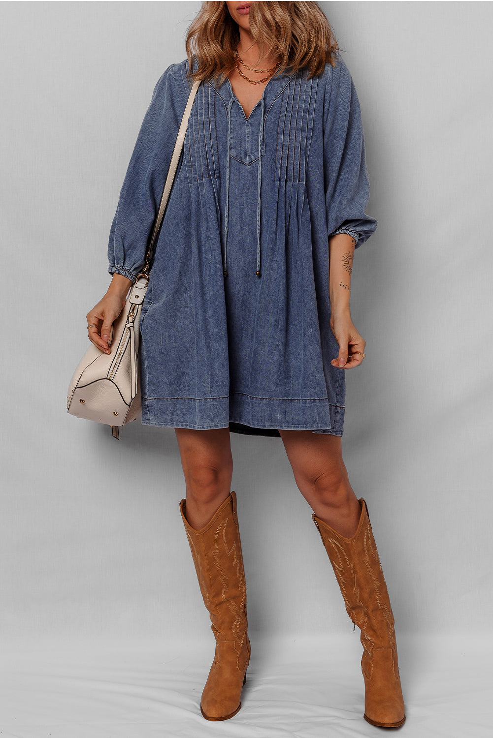 3/4 Sleeve Tied V-Neck Pleated Denim Mini Dress - eAura