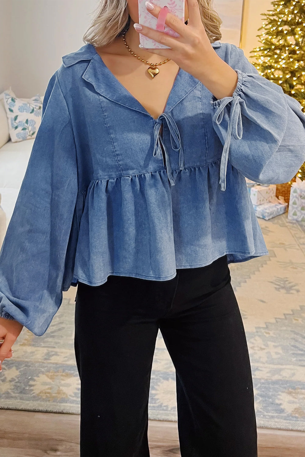 Dusk Blue Denim Lapel Neck Balloon Sleeve Tied Peplum Top Dear-Lover Dropshipping