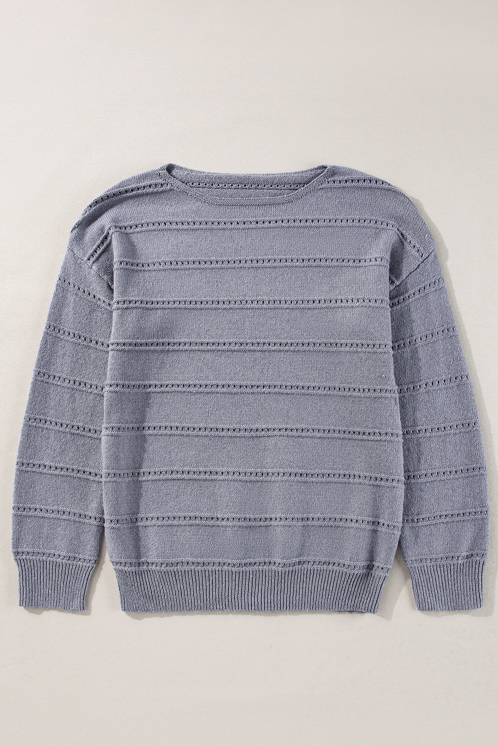 Pale Khaki Boat Neck Drop Shoulder Pointelle Knit Sweater eAura