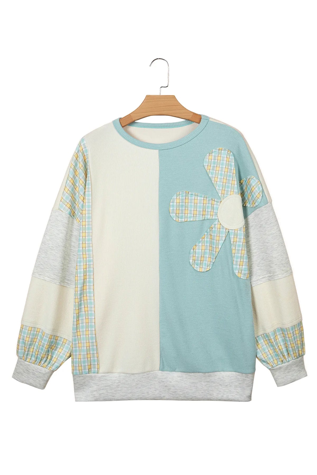 Plaid Patchwork Round Neck Long Sleeve Top – Light Blue
