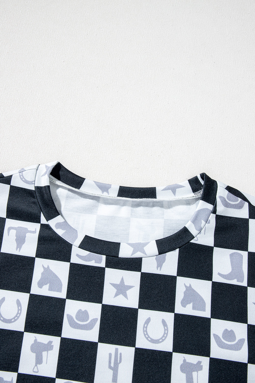 Black Western Fashion Checkerboard Print Side Split T Shirt eAura