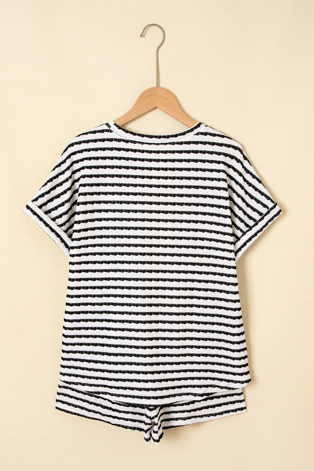 Black Stripe Knitted Short Sleeve Top and Drawstring Shorts Set eAura