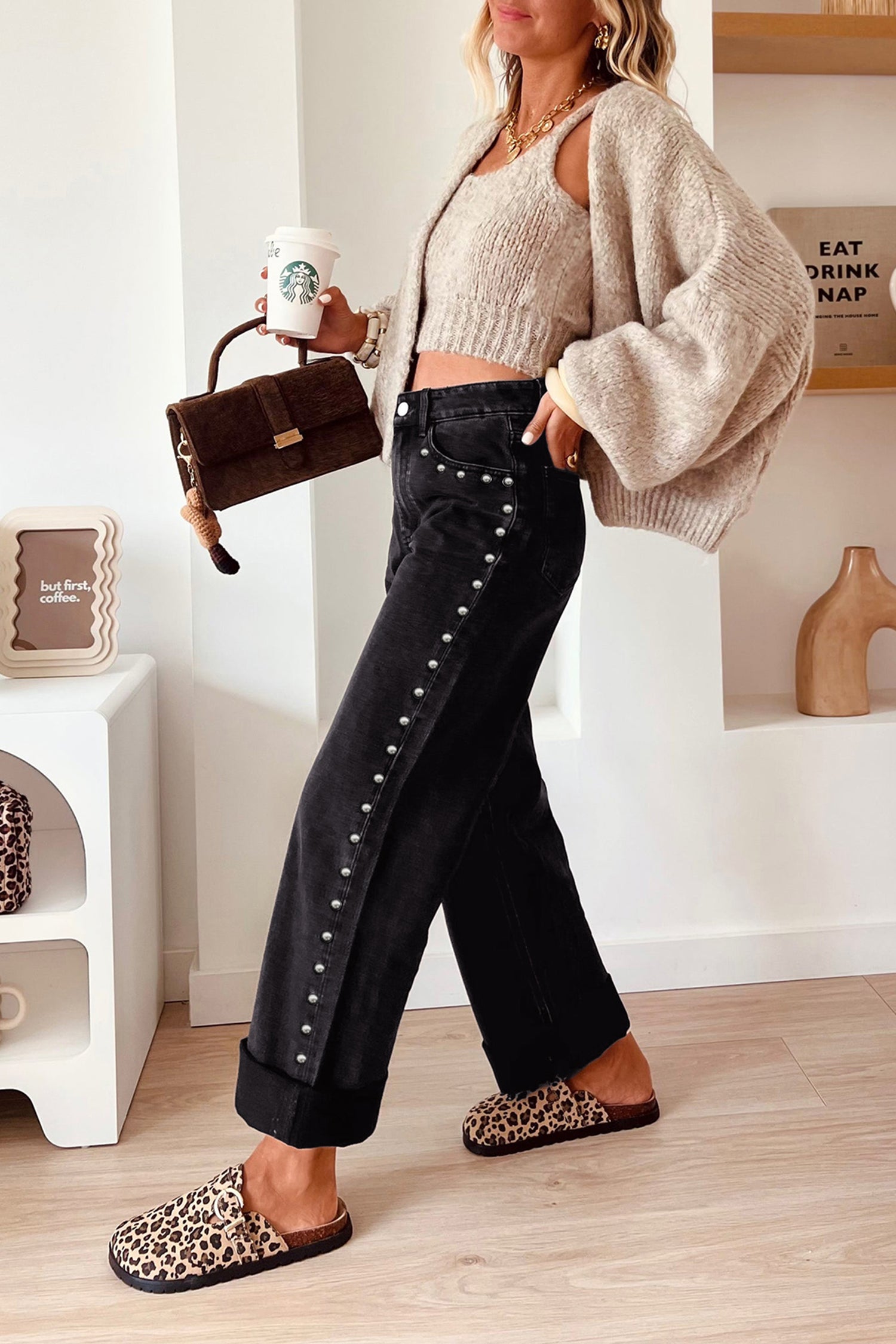 Studded Detail Straight Leg Casual Loose Jeans – Black