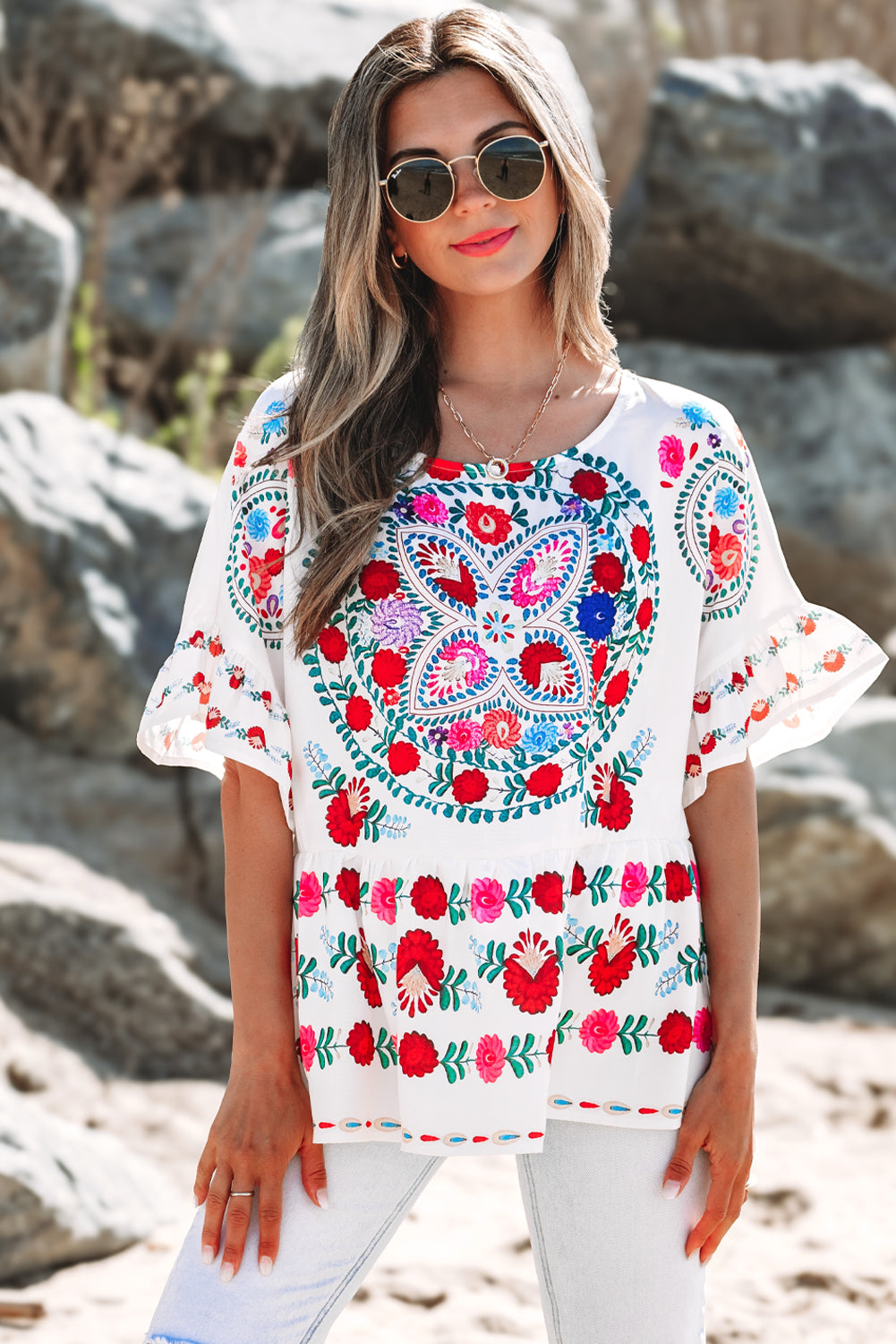 White Boho Floral Print Round Neck Ruffle Trim Blouse eAura