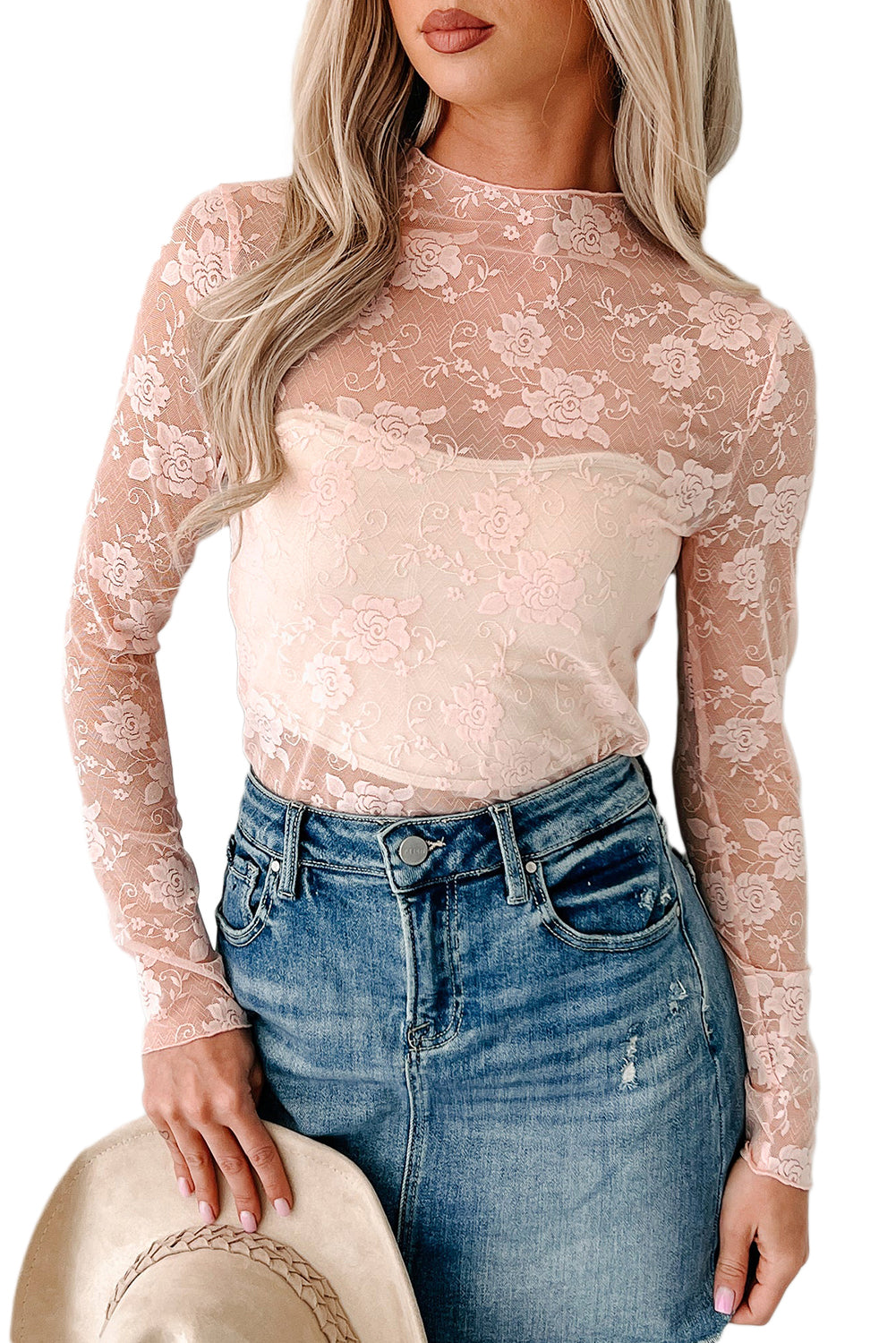 Apricot Pink Mock Neck Floral Lace Mesh Long Sleeve Top - eAura