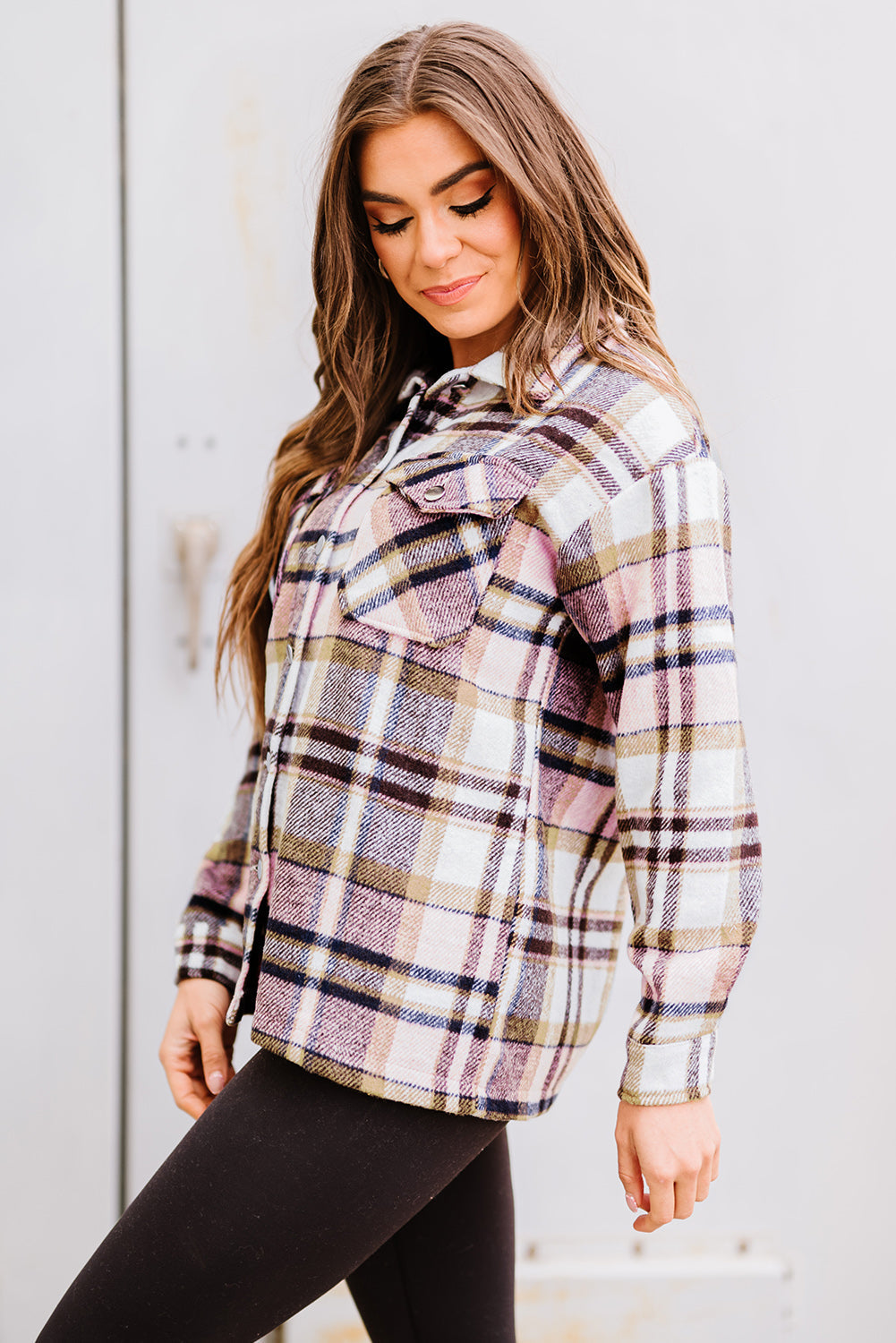 Pink Geometric Plaid Print Pocketed Shacket Beagle Boutique Fashion Outlet