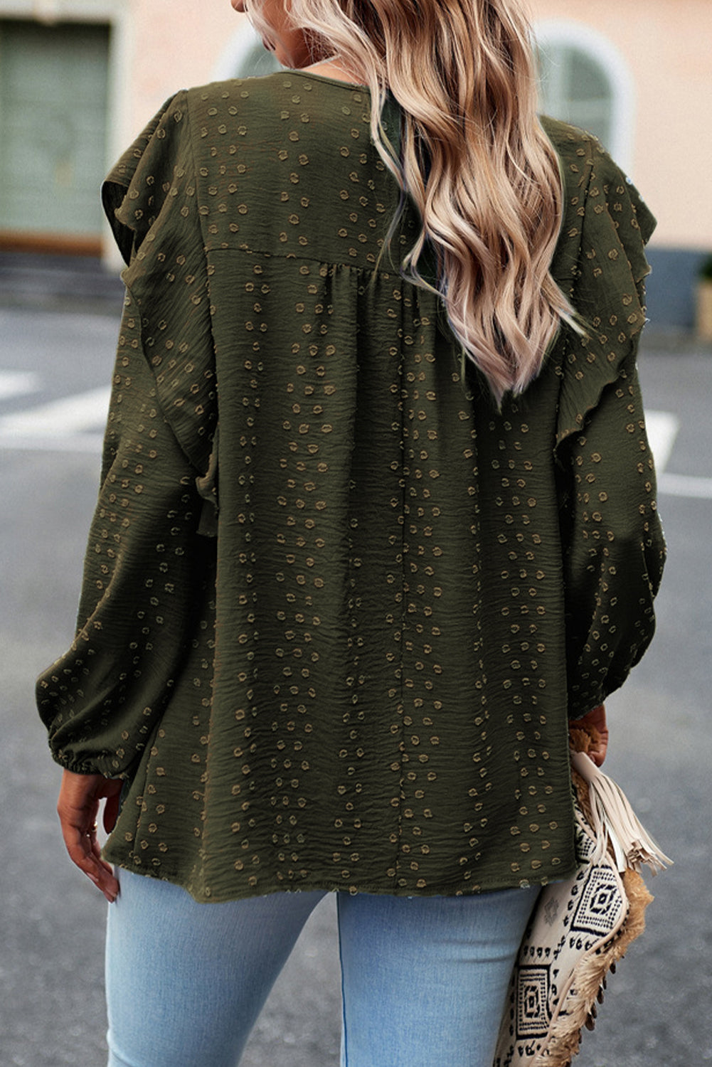 Blackish Green Lace Eyelet Ruffle Shoulder Long Sleeve Blouse eAura
