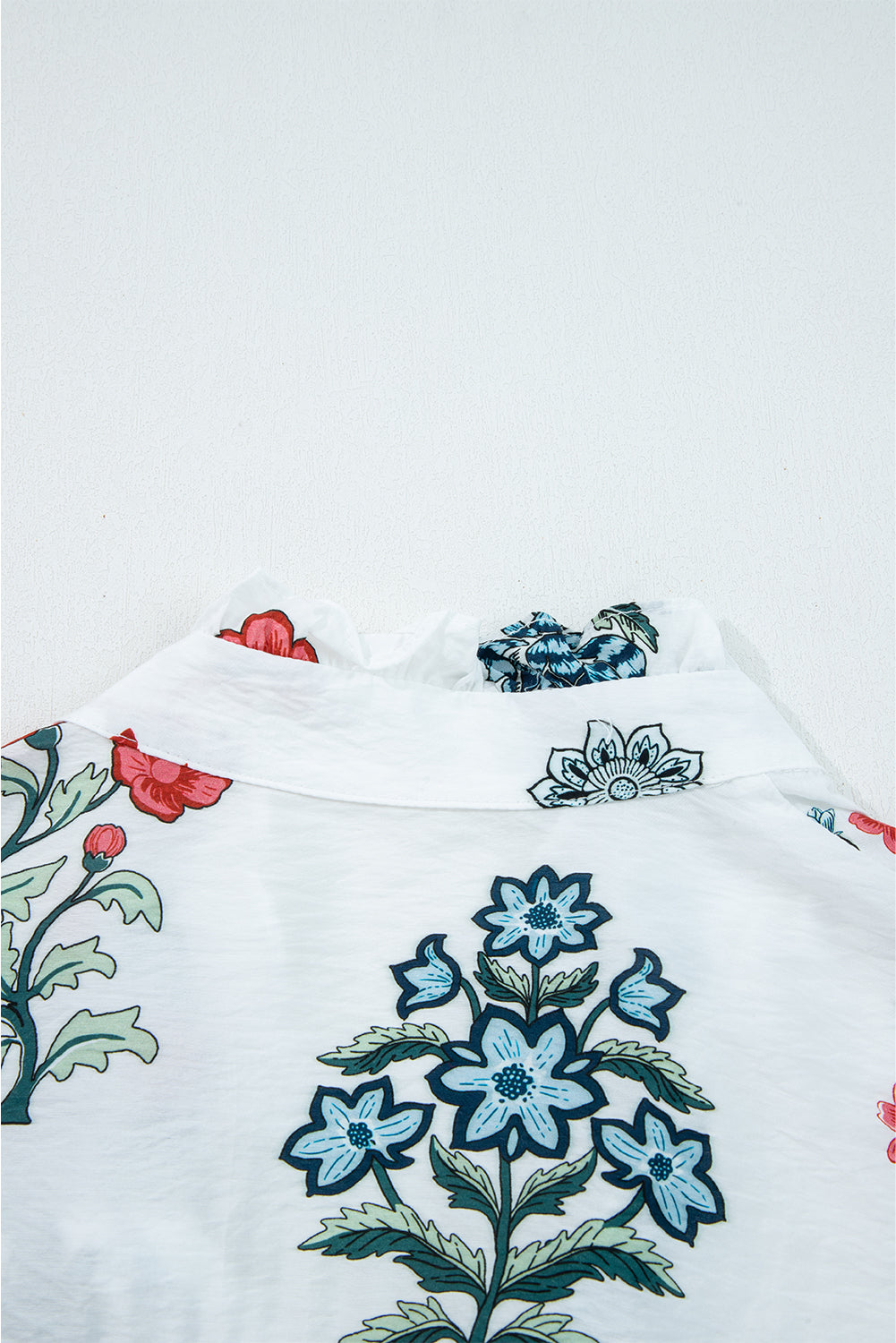 White Floral Print Frilled Collar V-Neck Long Sleeve Shirt - eAura