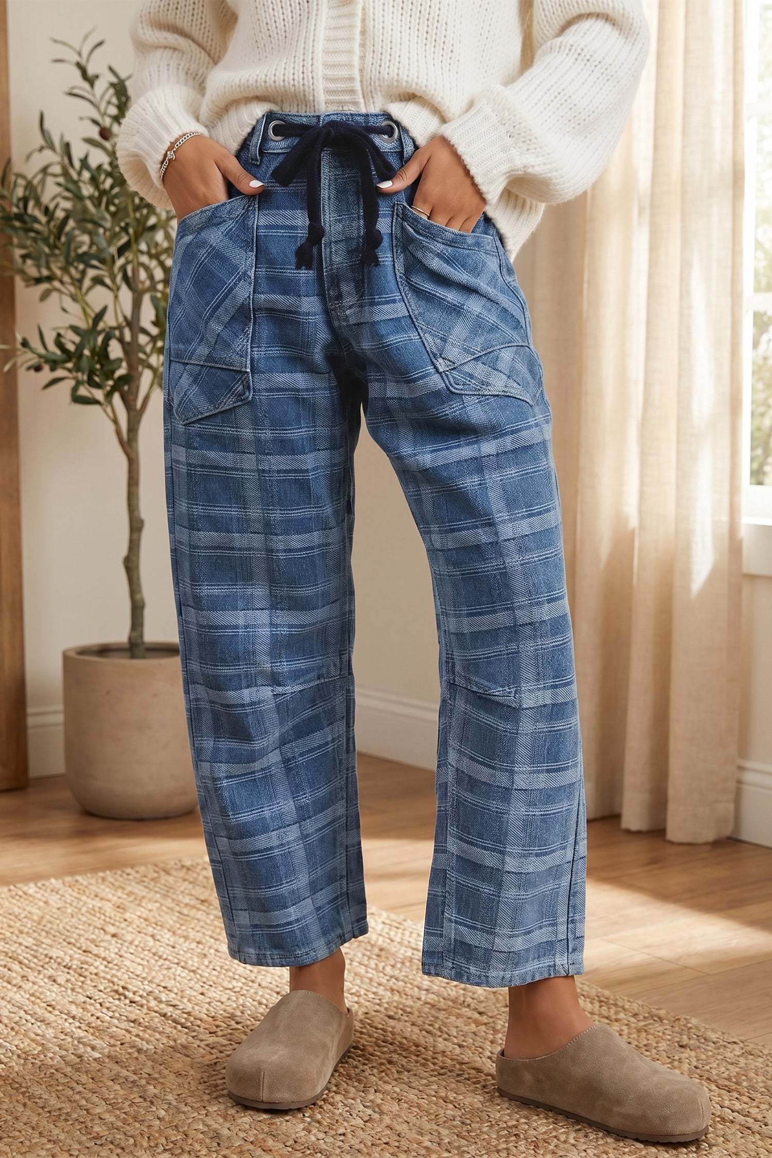 Sky Blue Plaid Denim Grommet Drawstring Waist Ankle-Length Jeans – Light Blue