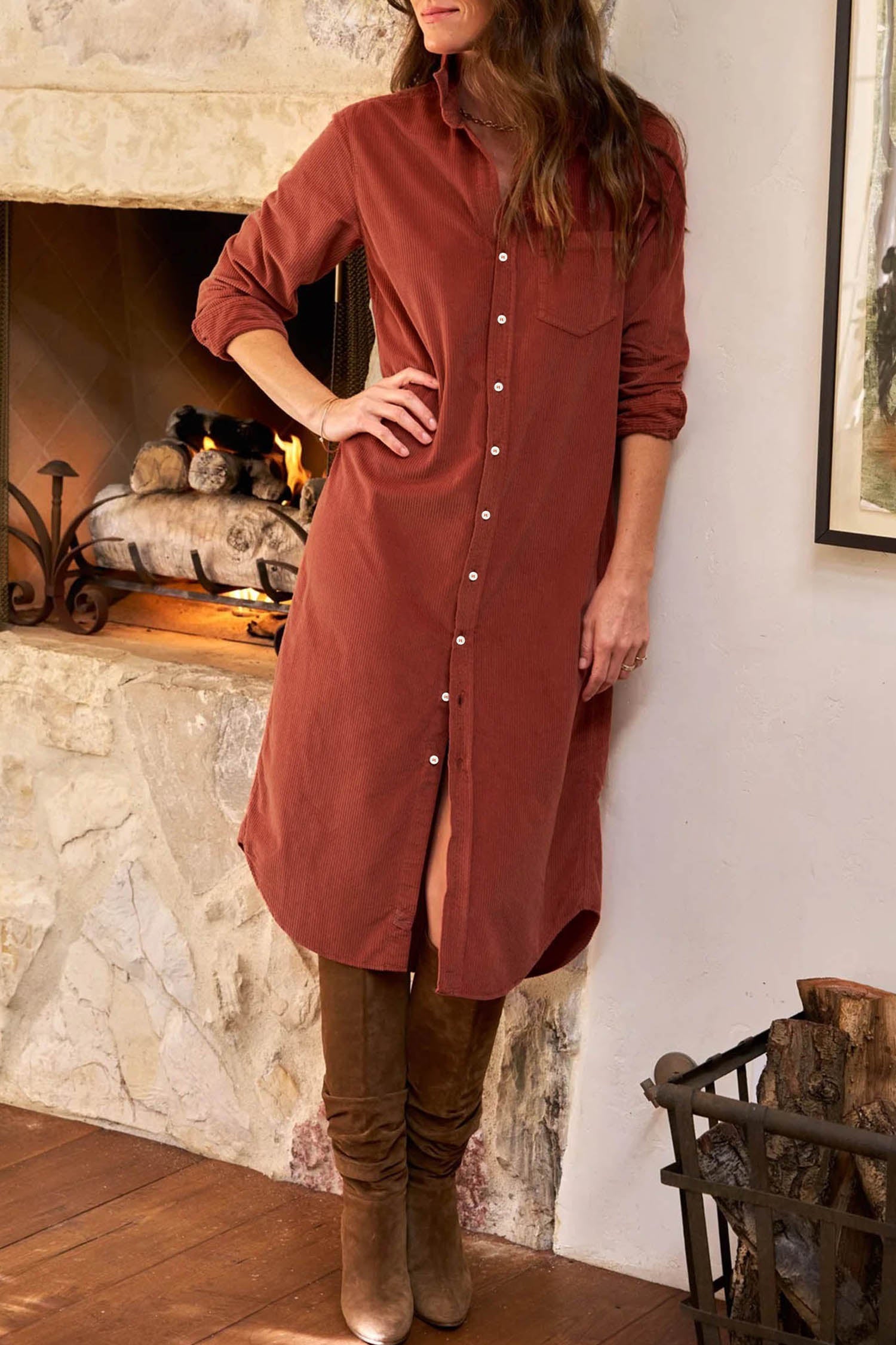 Long Sleeve Button Down Corduroy Midi Length One Piece Dress – Clay