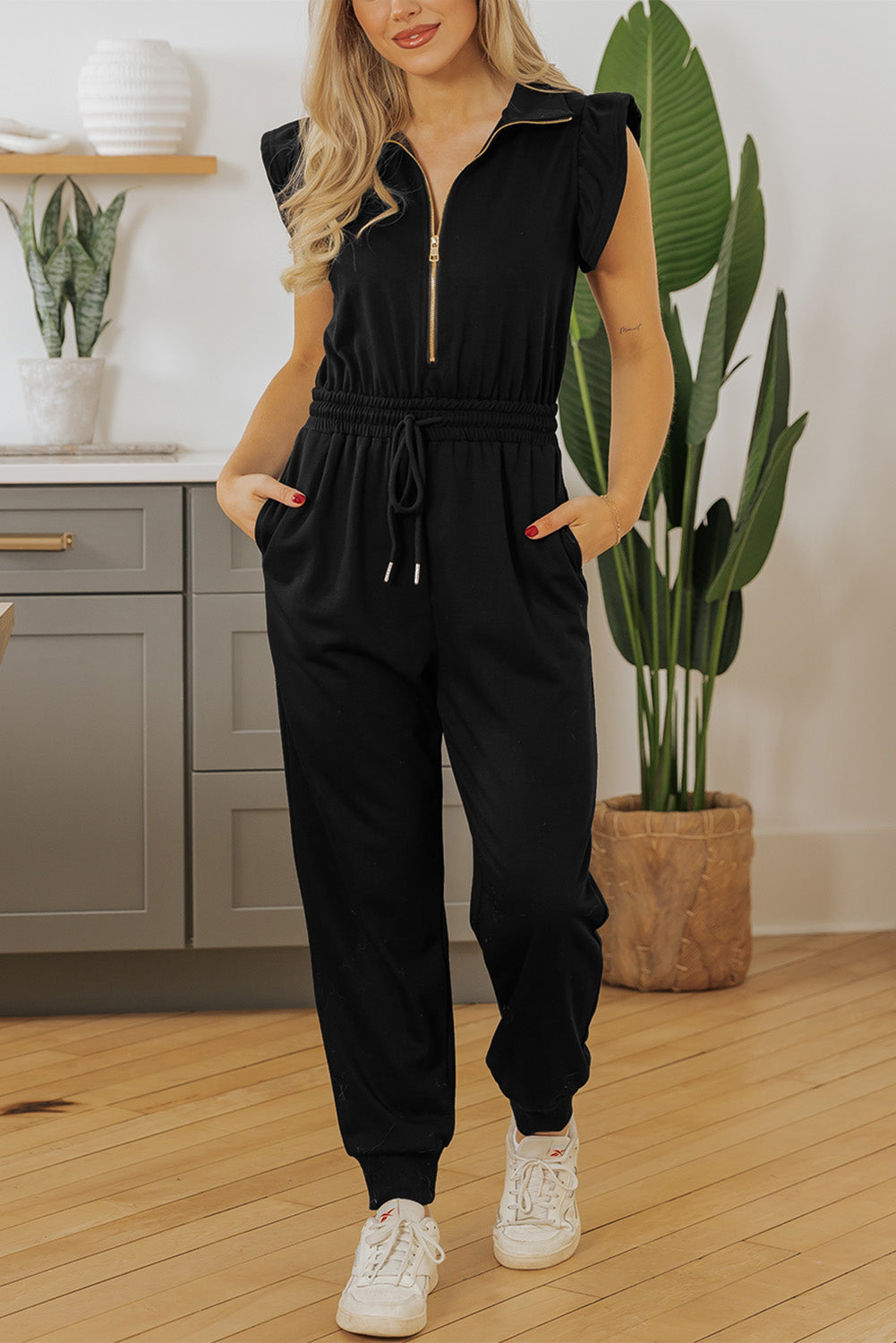 Black Zipper Flutter Sleeve Drawstring High Waist Jumpsuit eAura