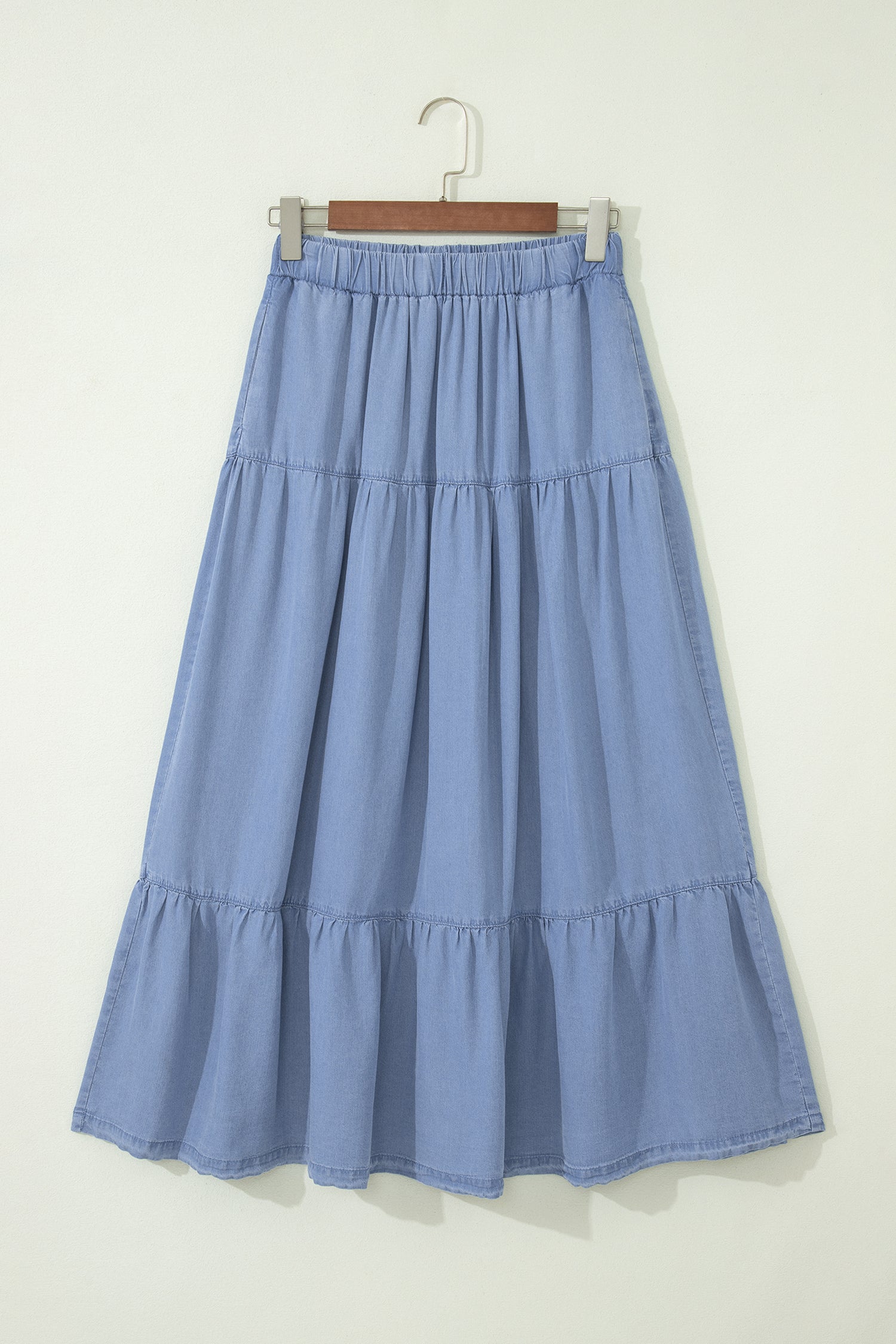 Elastic Waist Ruffled Tiered Flared Denim Maxi Skirt