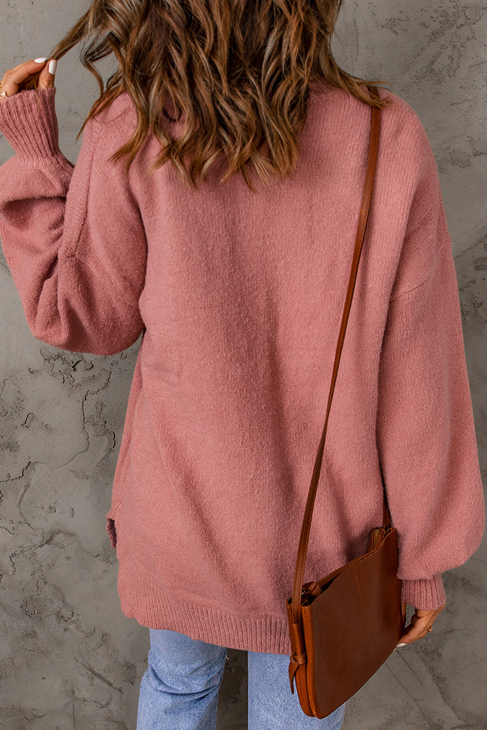 Black Solid Colour Puffy Sleeve Pocketed Sweater eAura