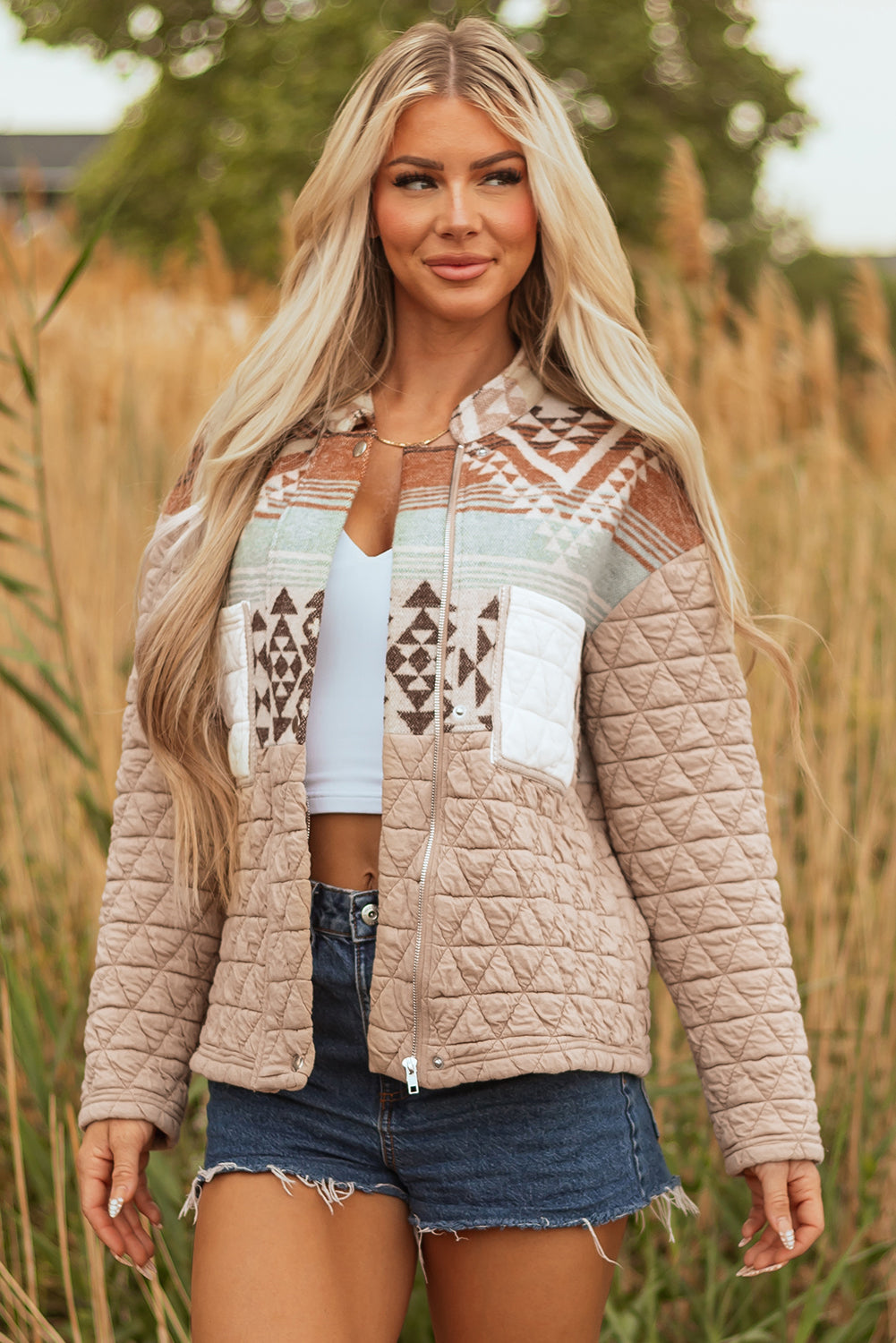 Beige Aztec Quilted Patchwork Western Jacket Dear-Lover Dropshipping