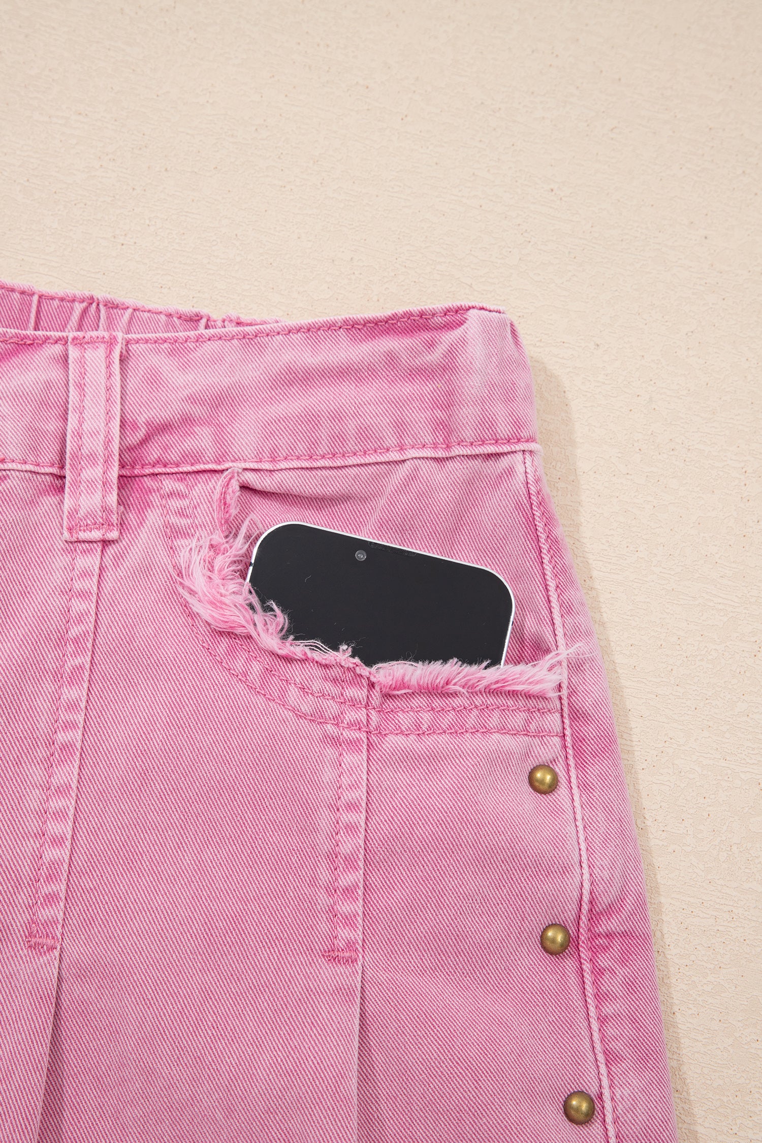 High Waist Rivet Side Detail Wide Leg Split Jeans – Pink